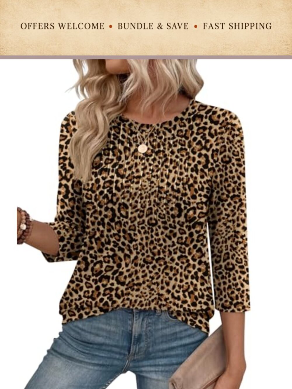Womens 3/4 Sleeve Pleated Blouse Loose Fit Casual Tunic Top